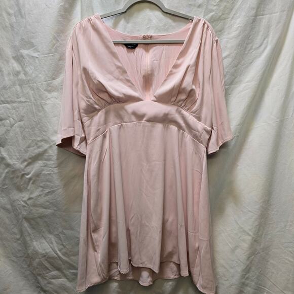 bebe blush pink V-neck flutter puff sleeve fit & flare mini dress XL A-line - Picture 2 of 12
